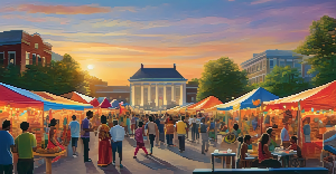 A community festival with people of different backgrounds celebrating together, surrounded by colorful decorations and a carving art installation at sunset.