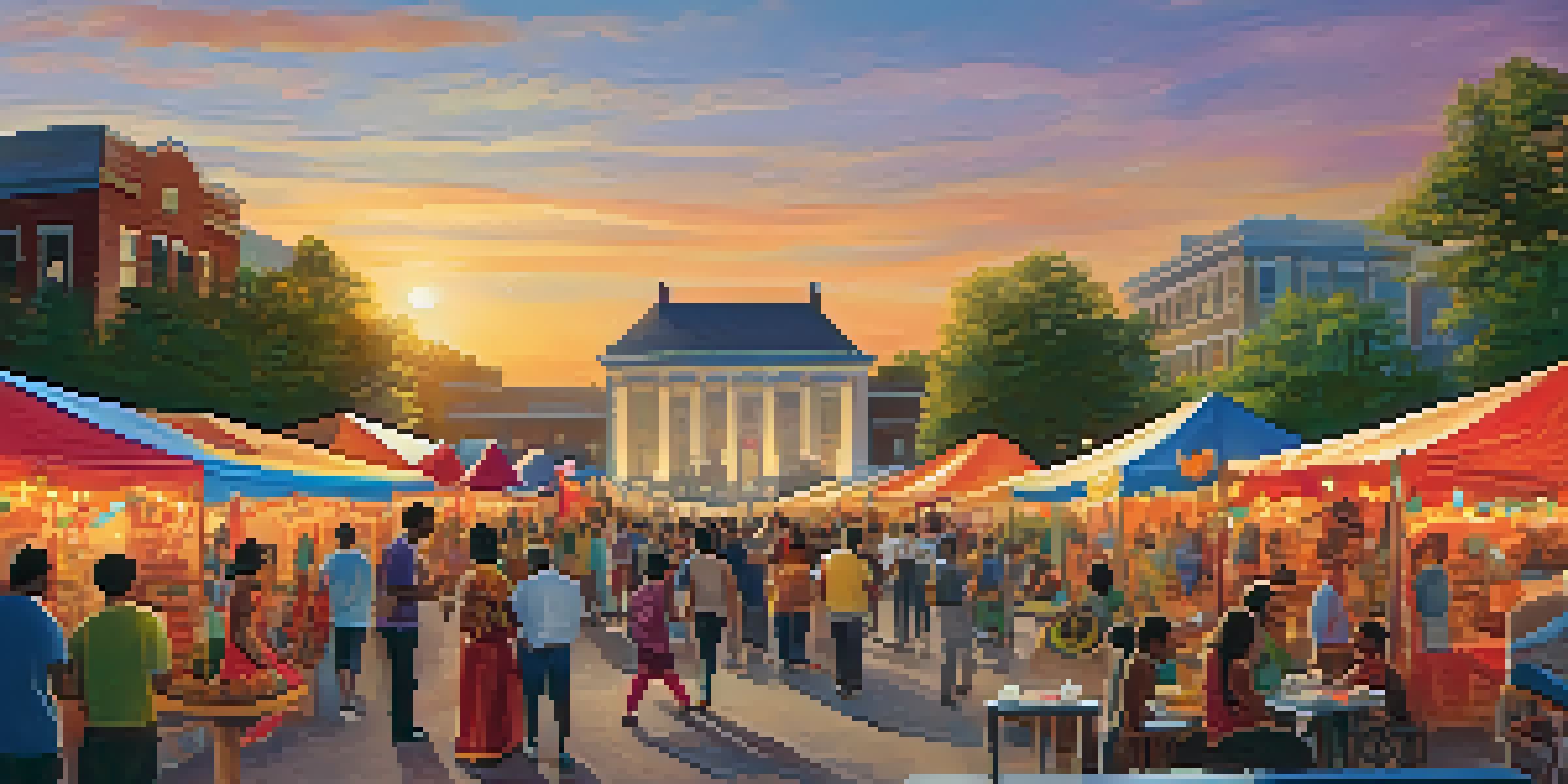 A community festival with people of different backgrounds celebrating together, surrounded by colorful decorations and a carving art installation at sunset.