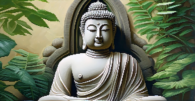 A serene stone carving of a Buddha statue made from warm sandstone, surrounded by a lush garden.