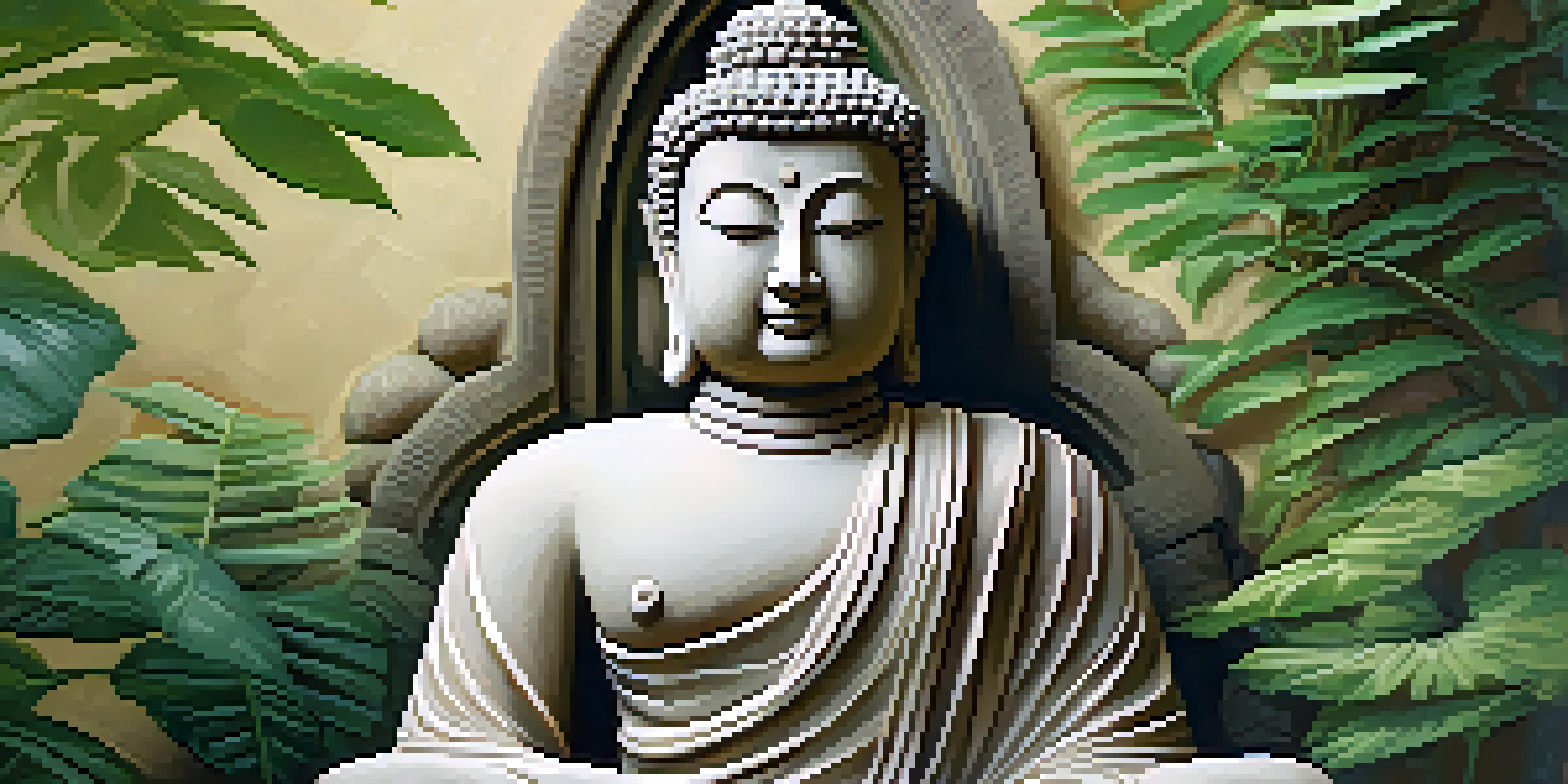 A serene stone carving of a Buddha statue made from warm sandstone, surrounded by a lush garden.