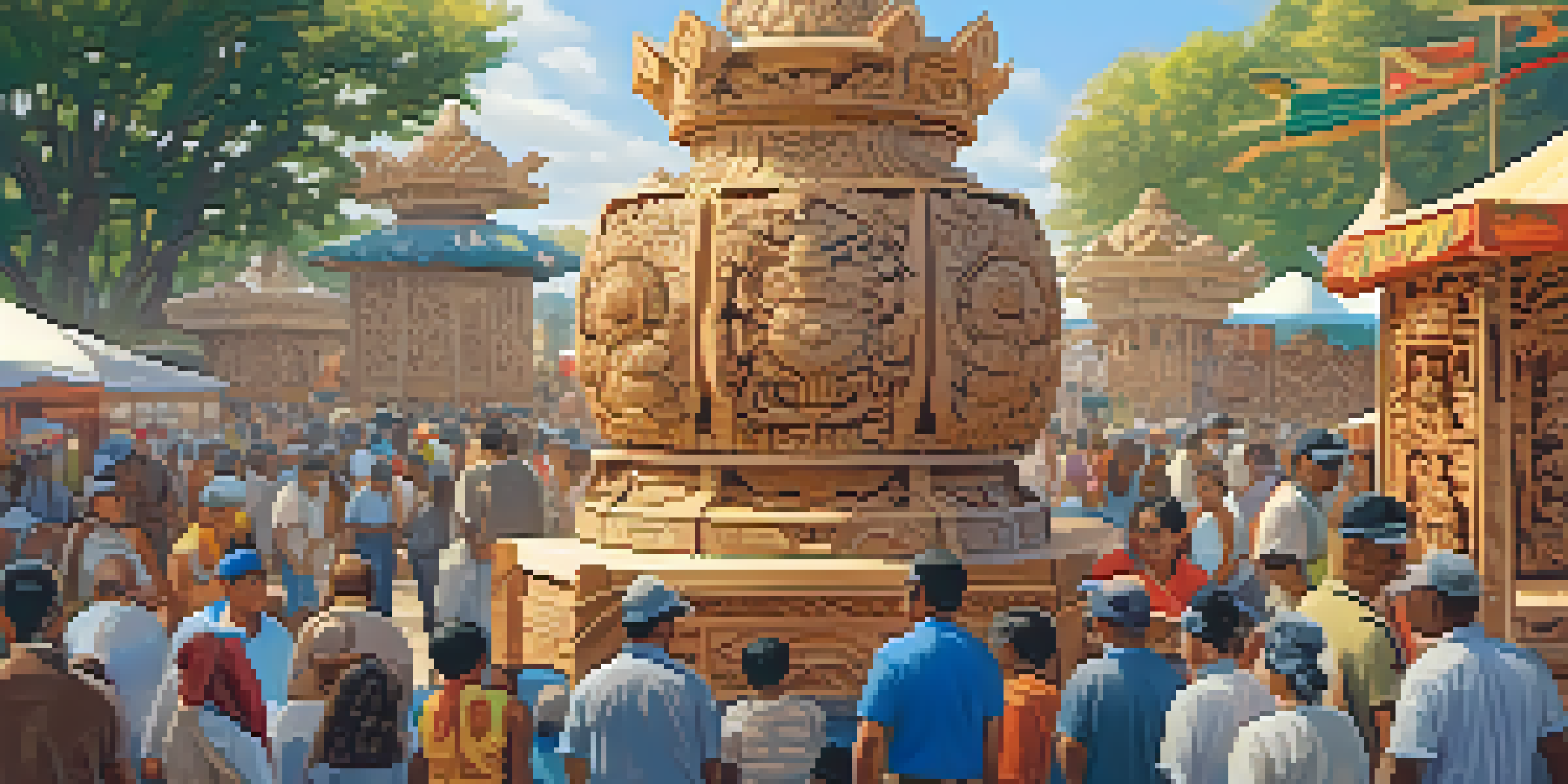 An outdoor carving festival with diverse artists creating intricate wooden sculptures, surrounded by colorful banners and sunlight.