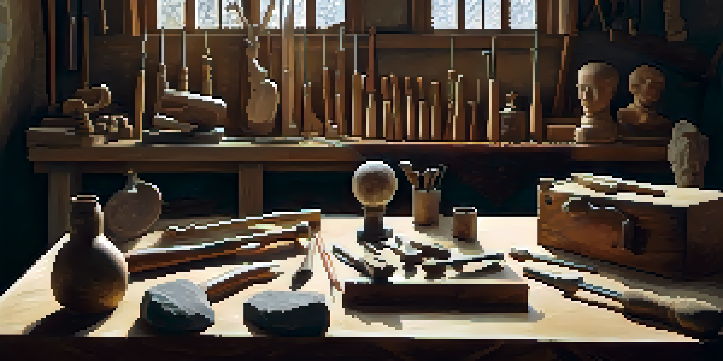 A close-up view of a Renaissance sculptor's workshop, featuring tools and a half-finished marble statue with warm light illuminating the scene.