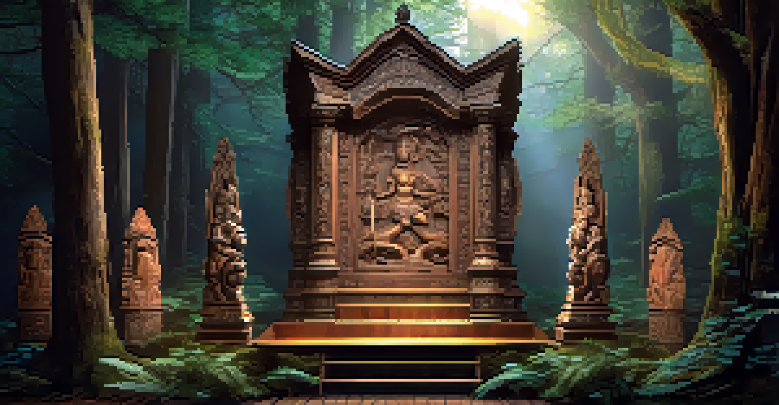 An ancient wooden altar in a dimly lit forest, featuring intricate carvings of mythical creatures.
