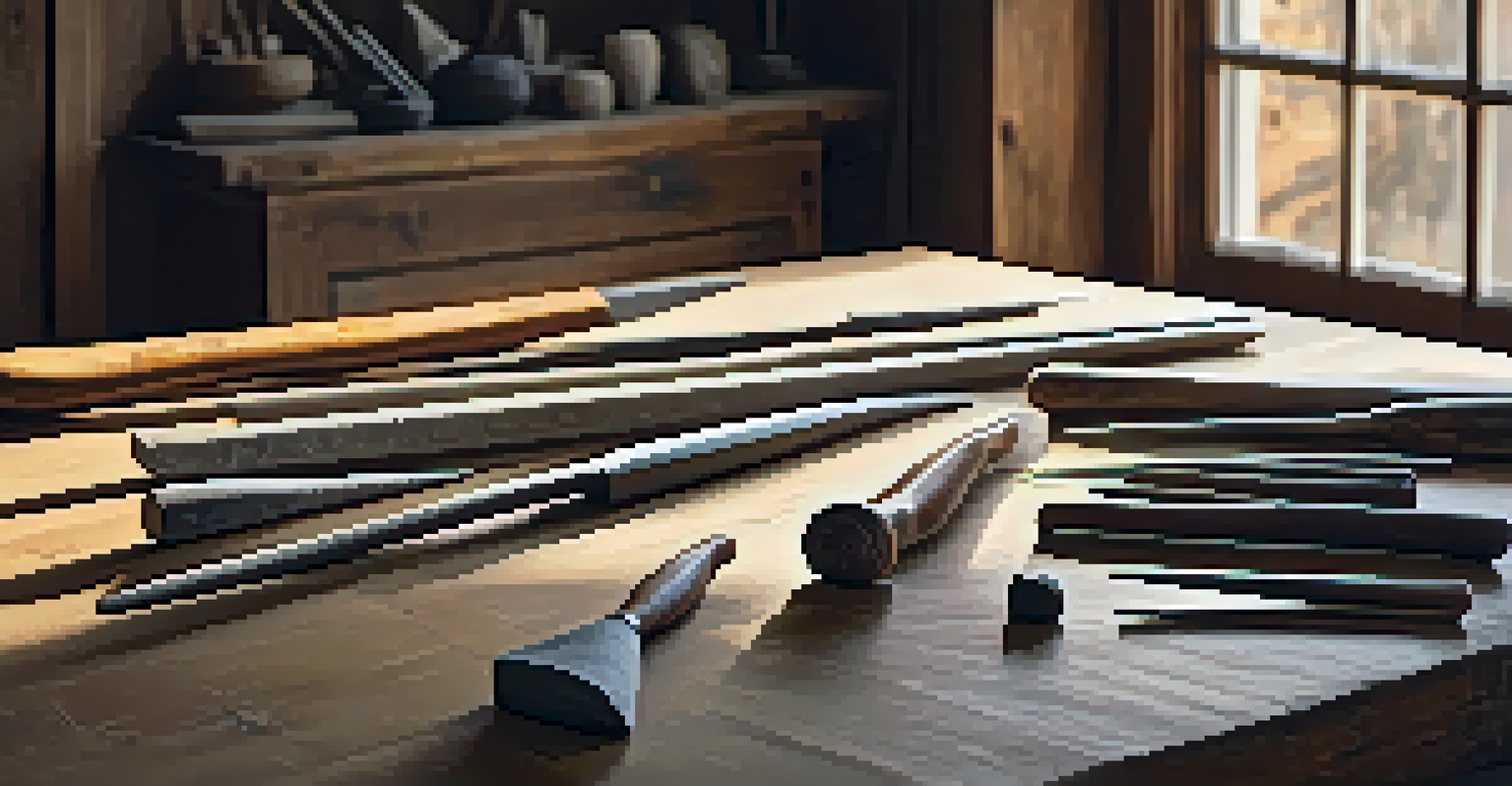 A collection of stone carving tools on a wooden table, with a blurred wooden sculpture in the background.