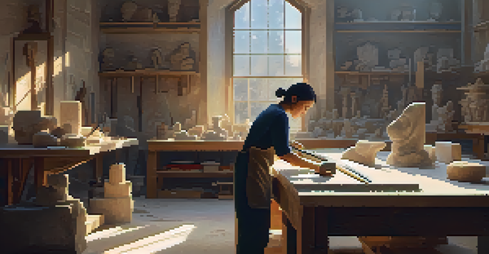 An artisan working on a reclaimed marble stone carving in a well-lit workshop, surrounded by tools and sculptures.