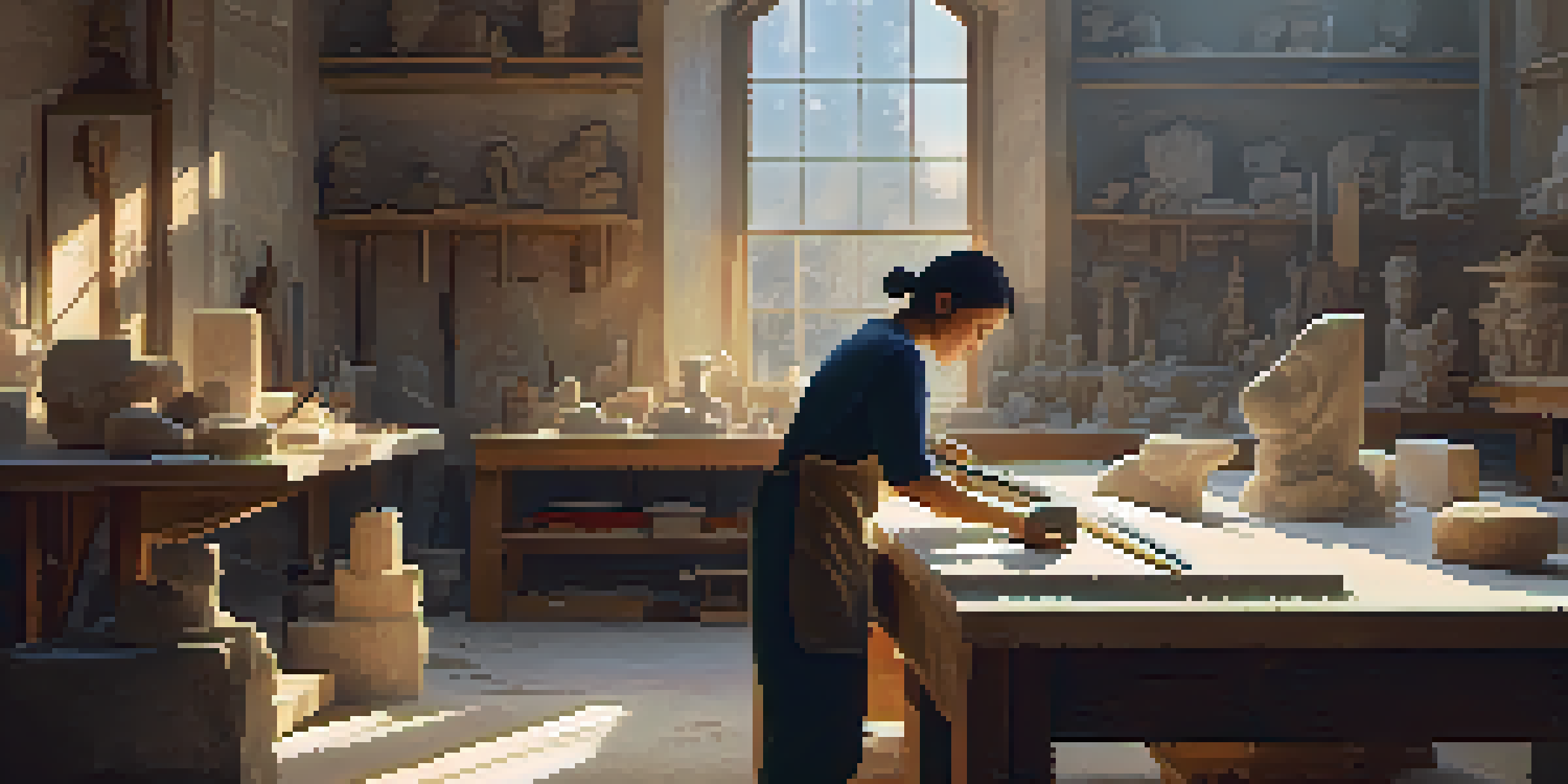 An artisan working on a reclaimed marble stone carving in a well-lit workshop, surrounded by tools and sculptures.