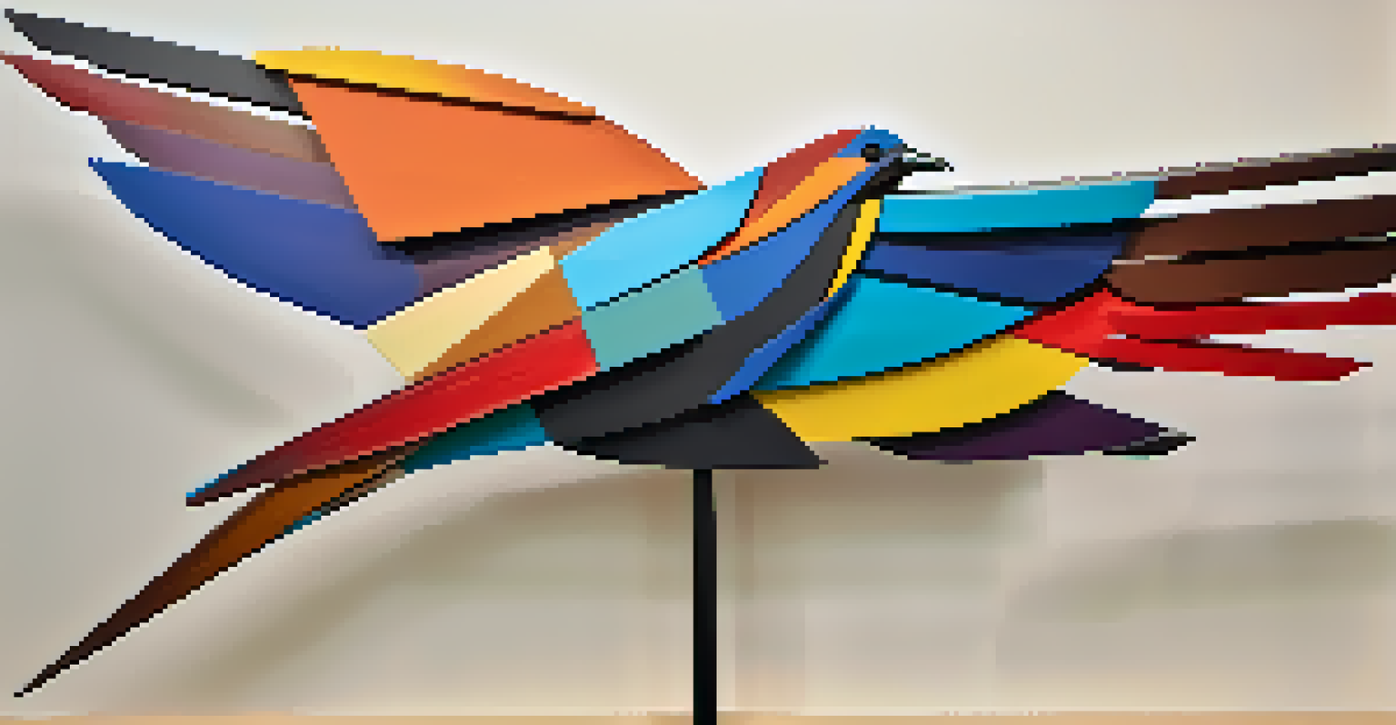 An abstract bird sculpture made from colorful materials, emphasizing curves and movement, set against a neutral background.