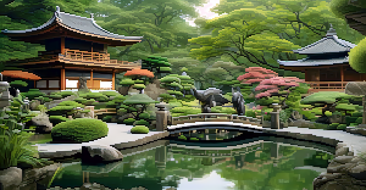 A peaceful Japanese garden with beautifully carved wooden animal and plant sculptures amidst lush greenery and a pond.