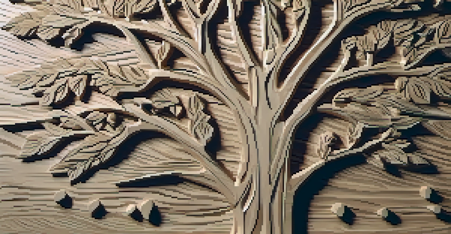 A partially completed relief carving of a tree in a cozy workshop with tools nearby.