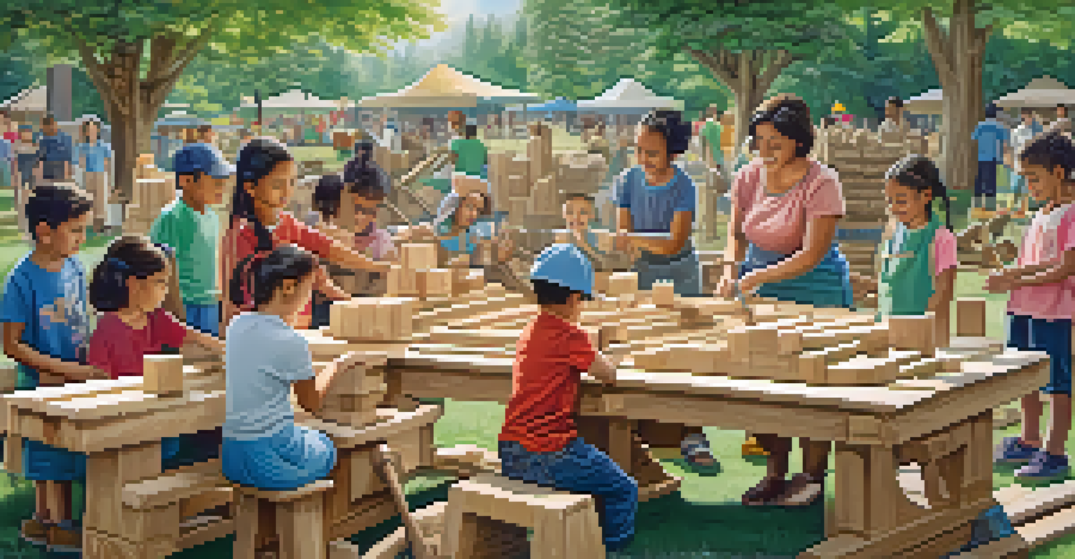 Families collaborating on a large wood carving project in a park, with a cheerful atmosphere and greenery around.