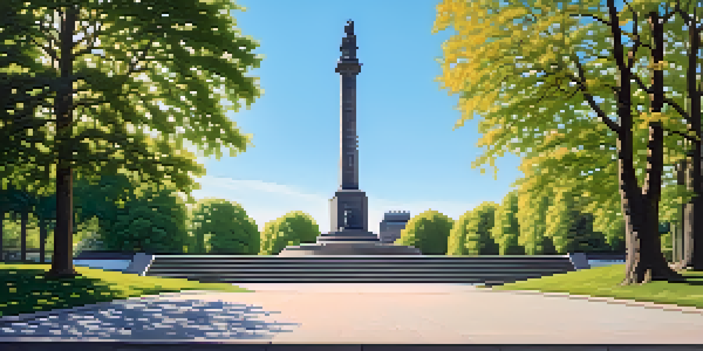 A peaceful view of Frogner Park with the Monolith sculpture surrounded by trees and flowers.