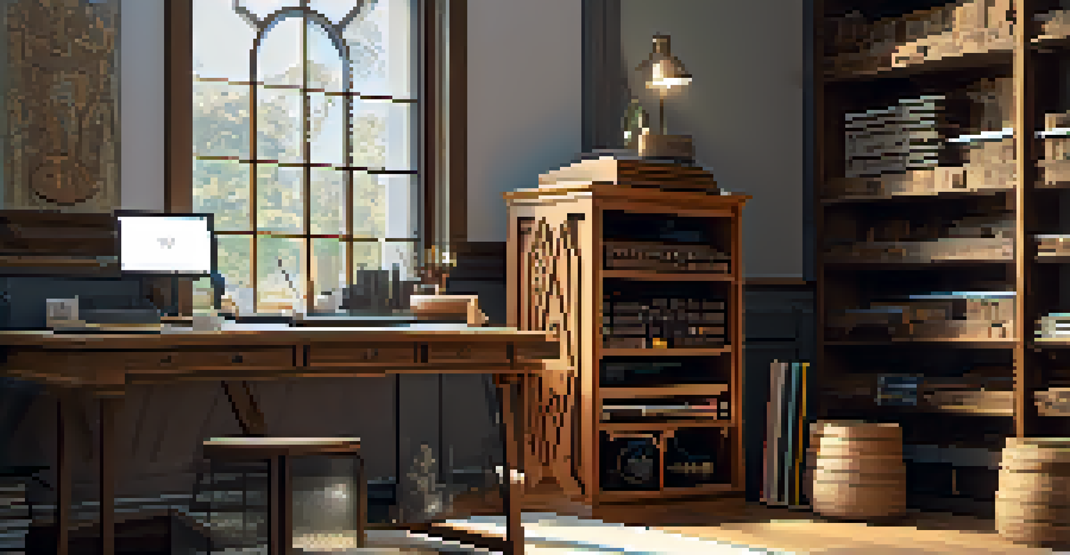 A workspace combining traditional carving tools and modern 3D modeling software for artifact restoration.