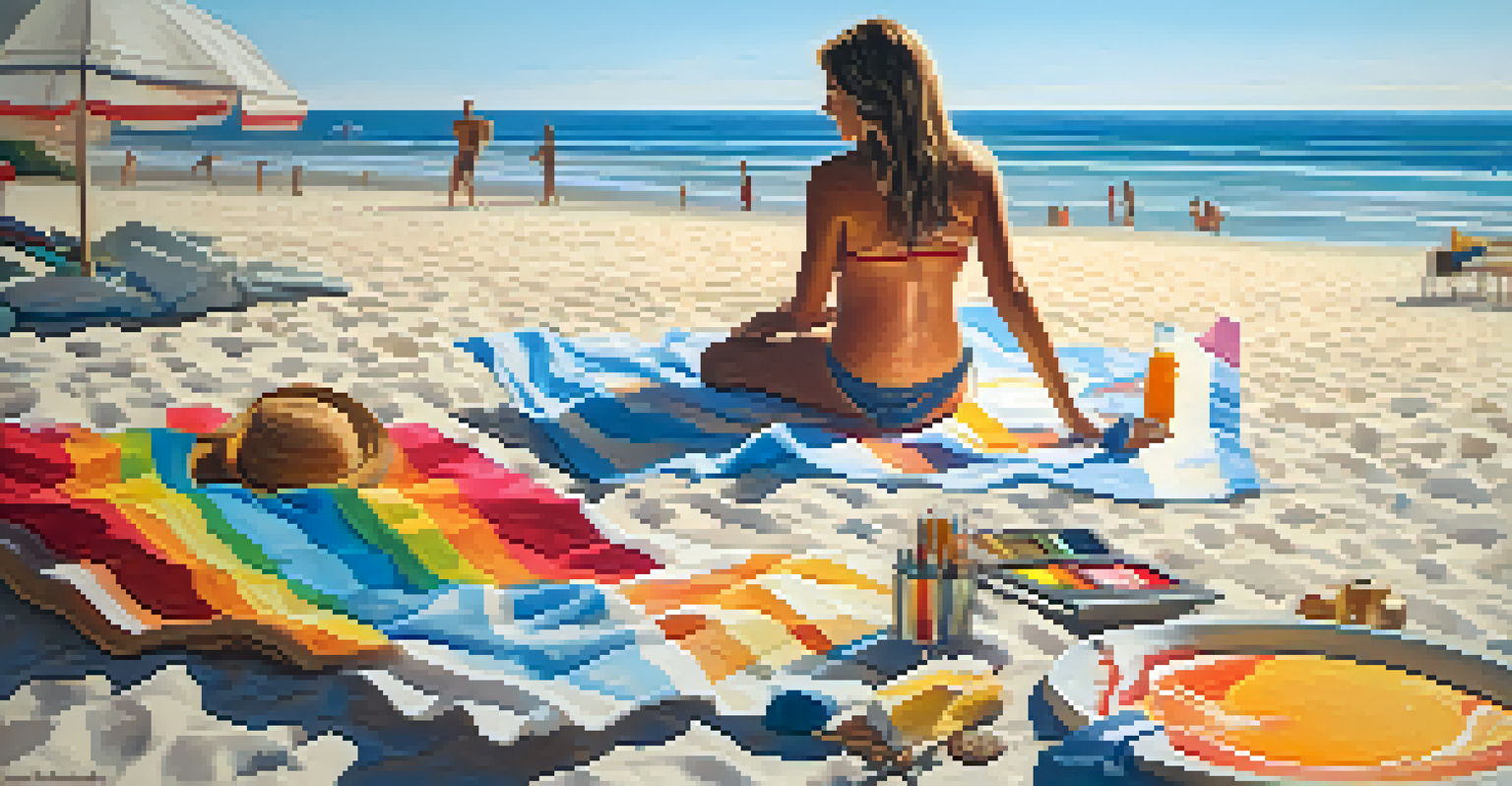 An artist painting on a sunny beach, surrounded by colorful beach towels and the ocean waves.