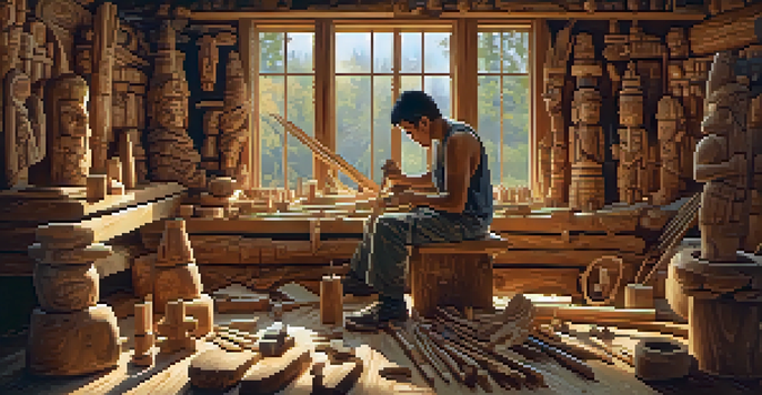 An artisan carving a wooden totem pole with various tools around, illuminated by warm light.