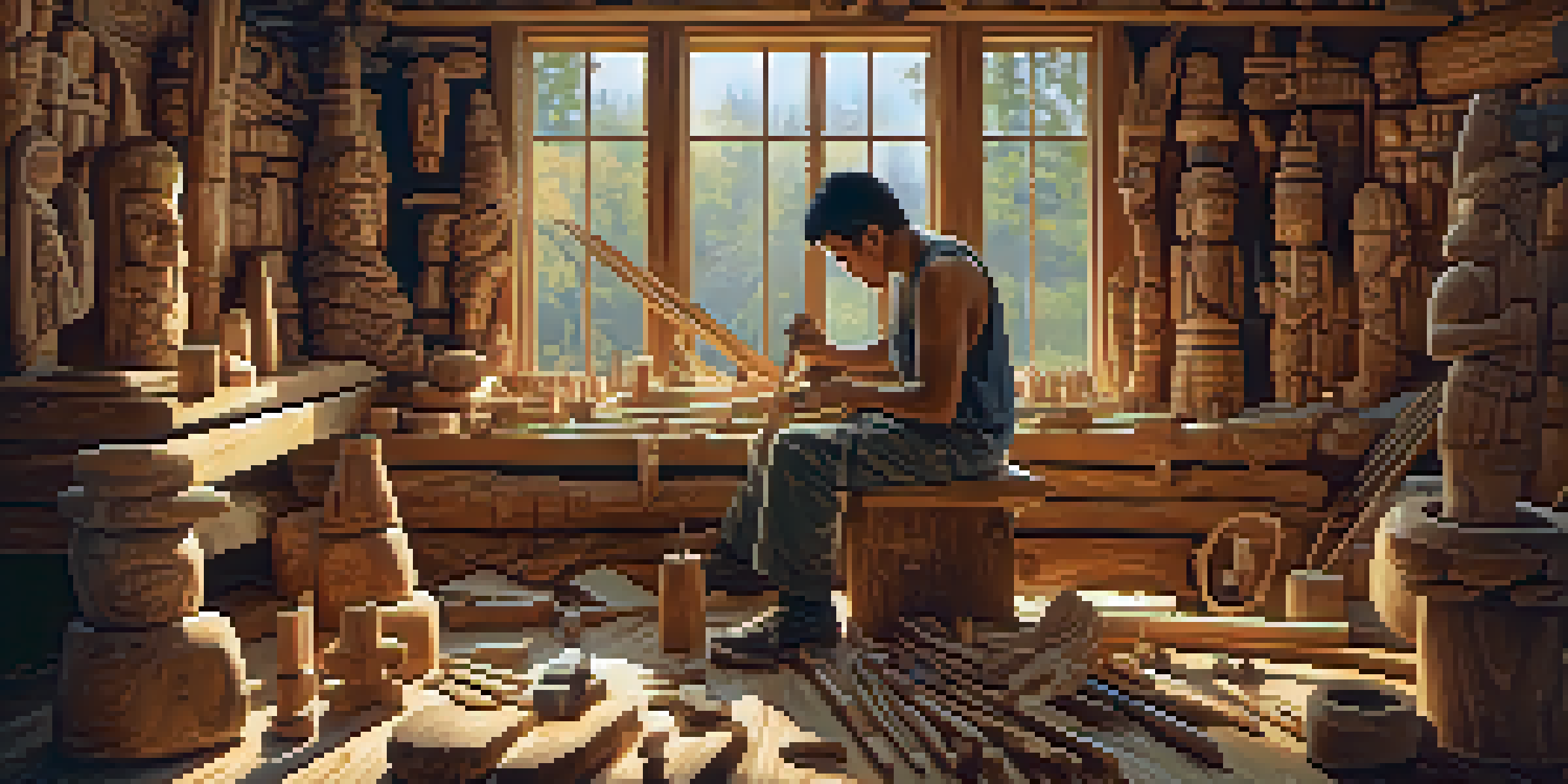 An artisan carving a wooden totem pole with various tools around, illuminated by warm light.