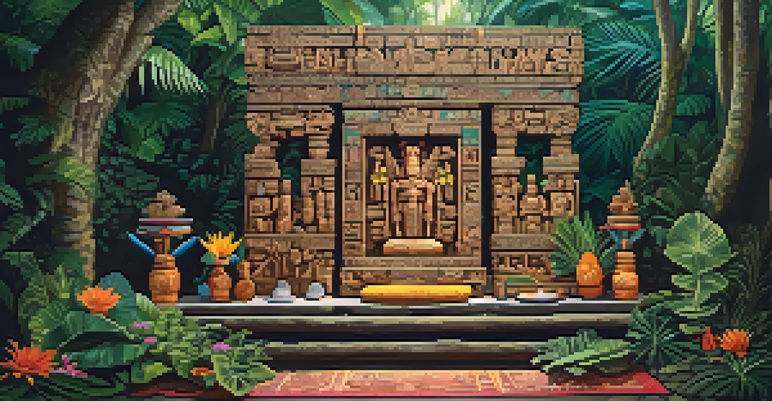 A ceremonial Maya altar in a jungle setting, decorated with symbolic carvings and flowers, illuminated by sunlight.