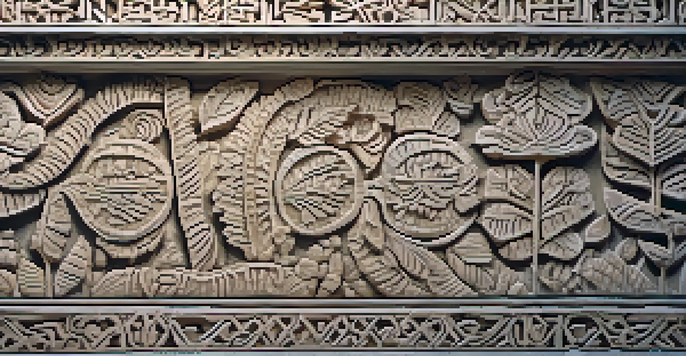 Detailed ancient stone carvings illuminated by soft sunlight, featuring patterns and symbols.