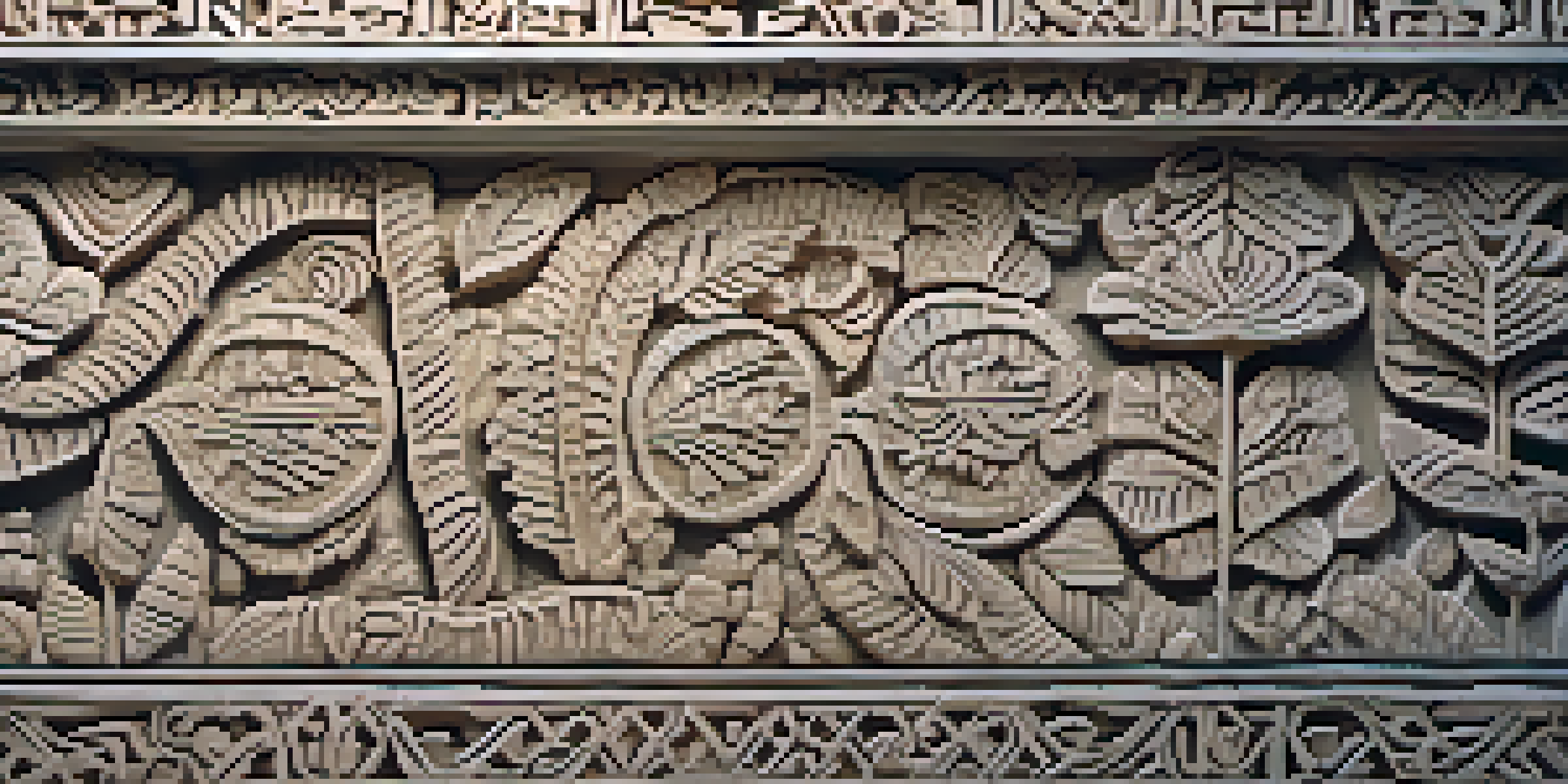Detailed ancient stone carvings illuminated by soft sunlight, featuring patterns and symbols.