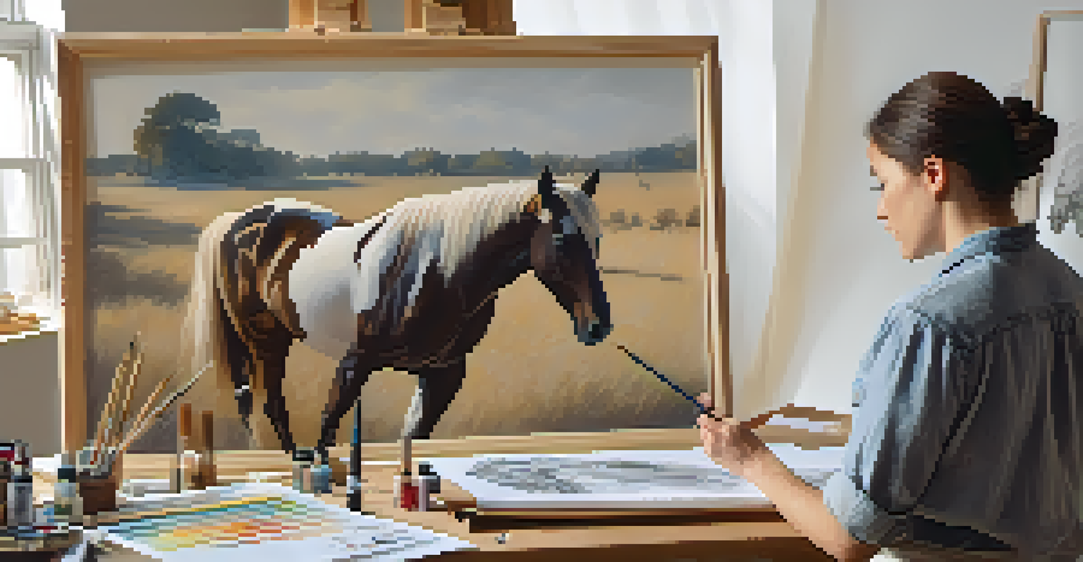 An artist sketching a horse design in a bright studio with reference images and art supplies.