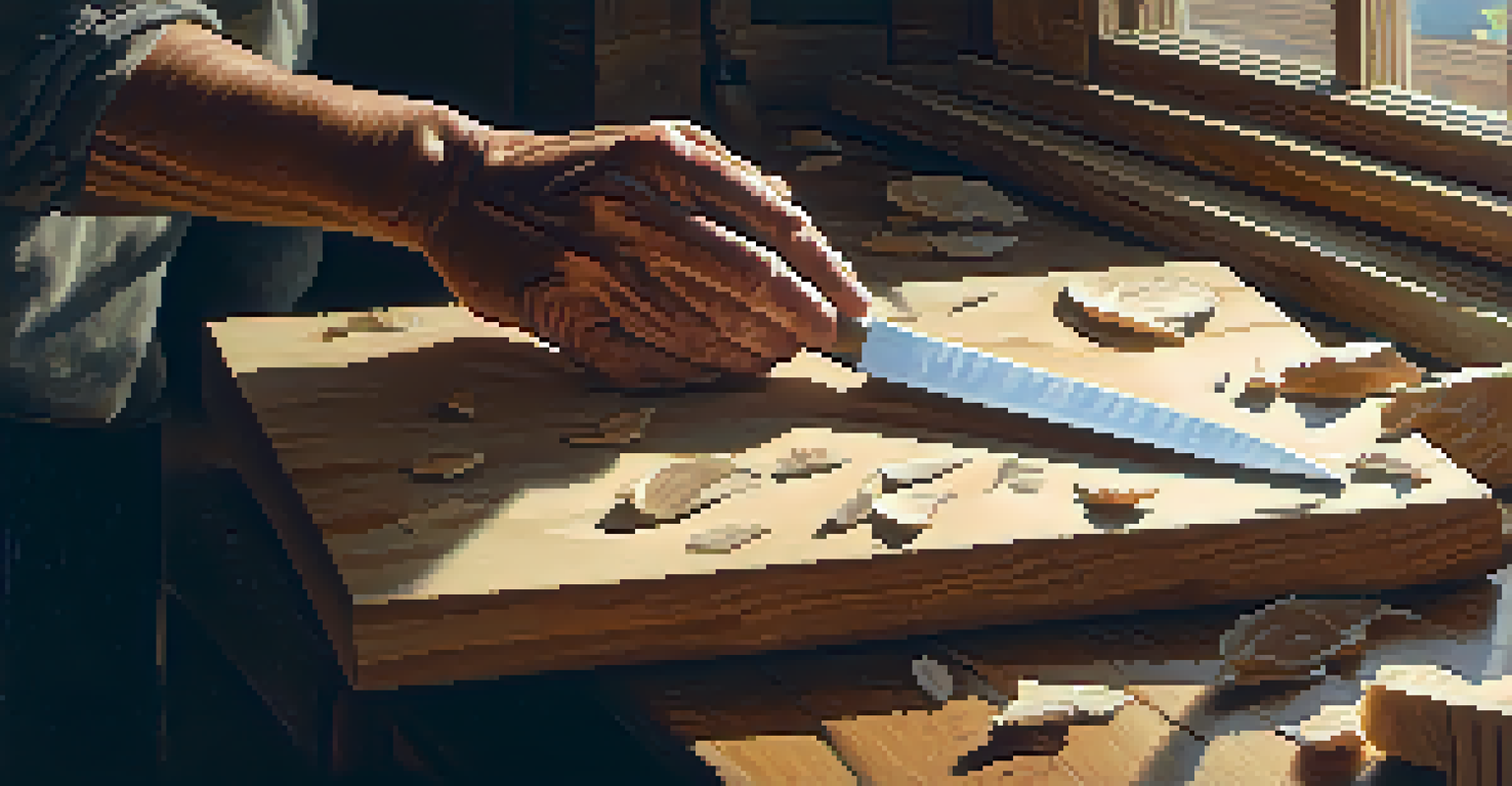 Close-up of hands holding a carving knife over a piece of basswood with wood shavings around.