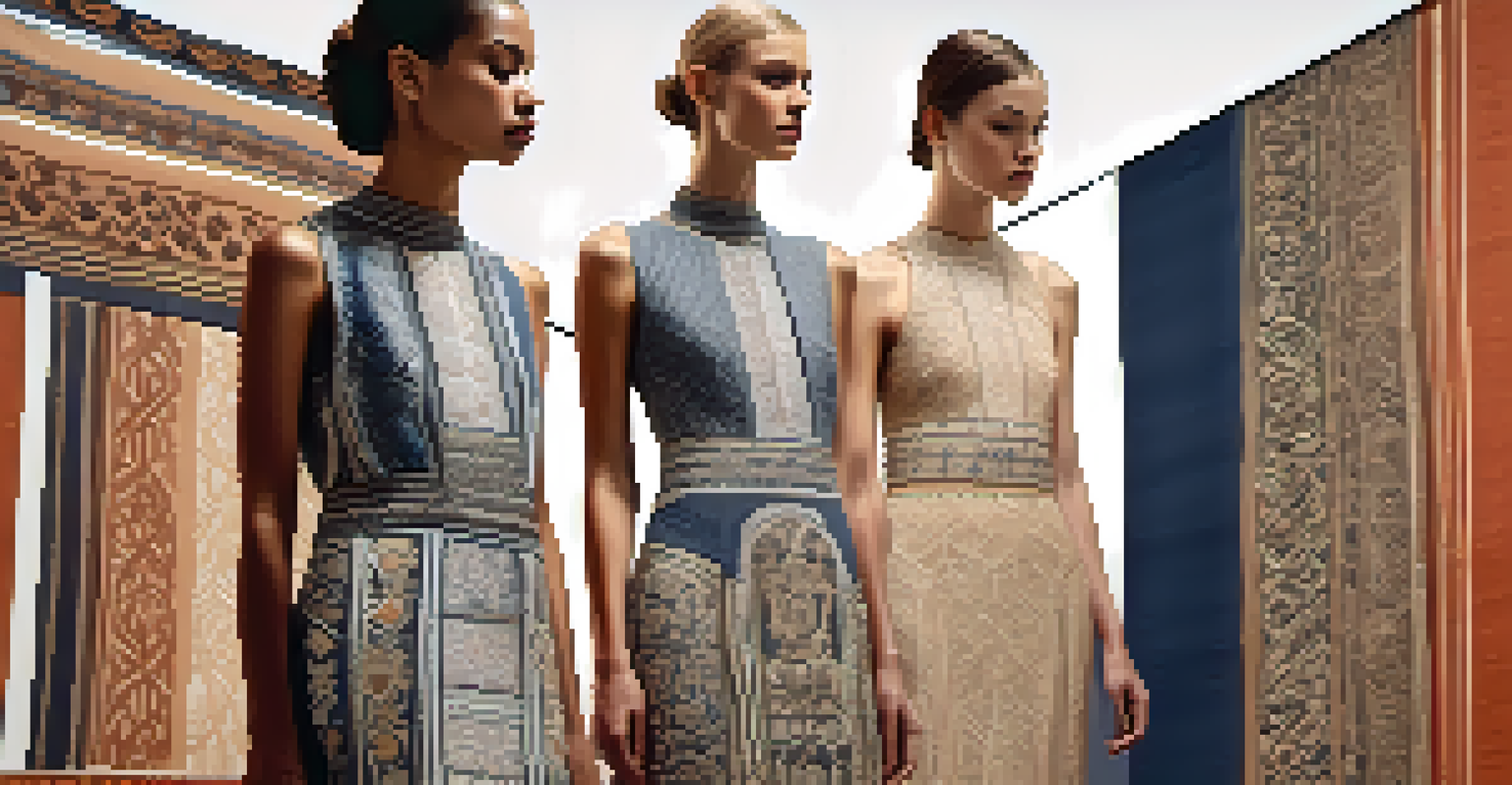 Models walking on a runway wearing dresses with traditional carved textile designs.