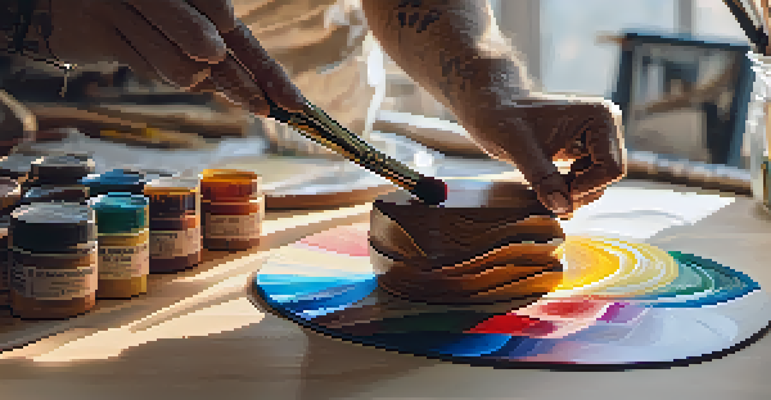 An artist painting a carved wooden sculpture with vibrant colors, surrounded by paint tubes and brushes.