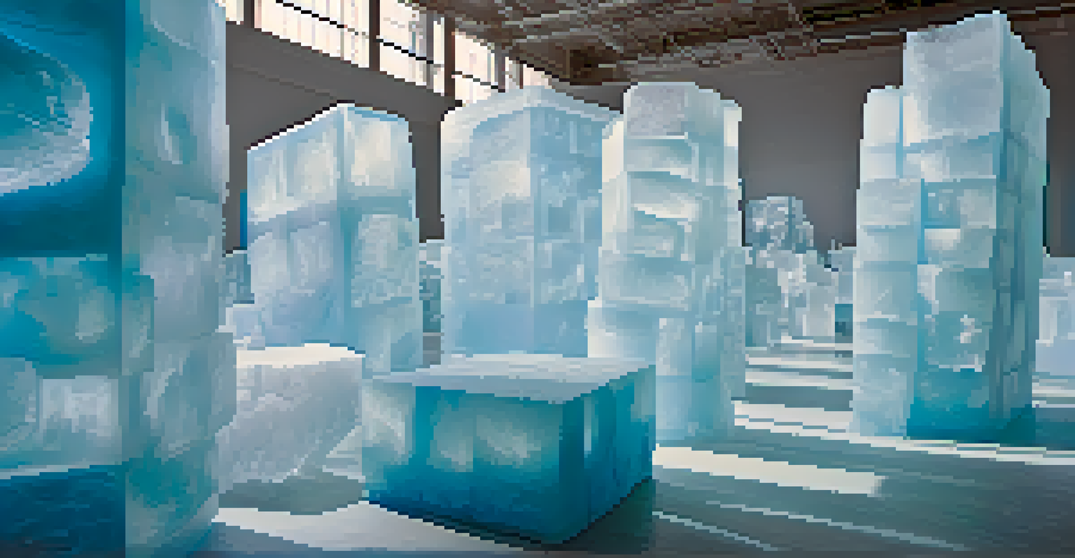 An interactive art installation with carved ice blocks in a gallery, illuminated by soft blue lights.