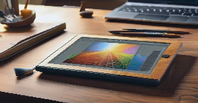 A digital artist's workspace with a graphics tablet, colorful brushes, and software showing intricate textures.