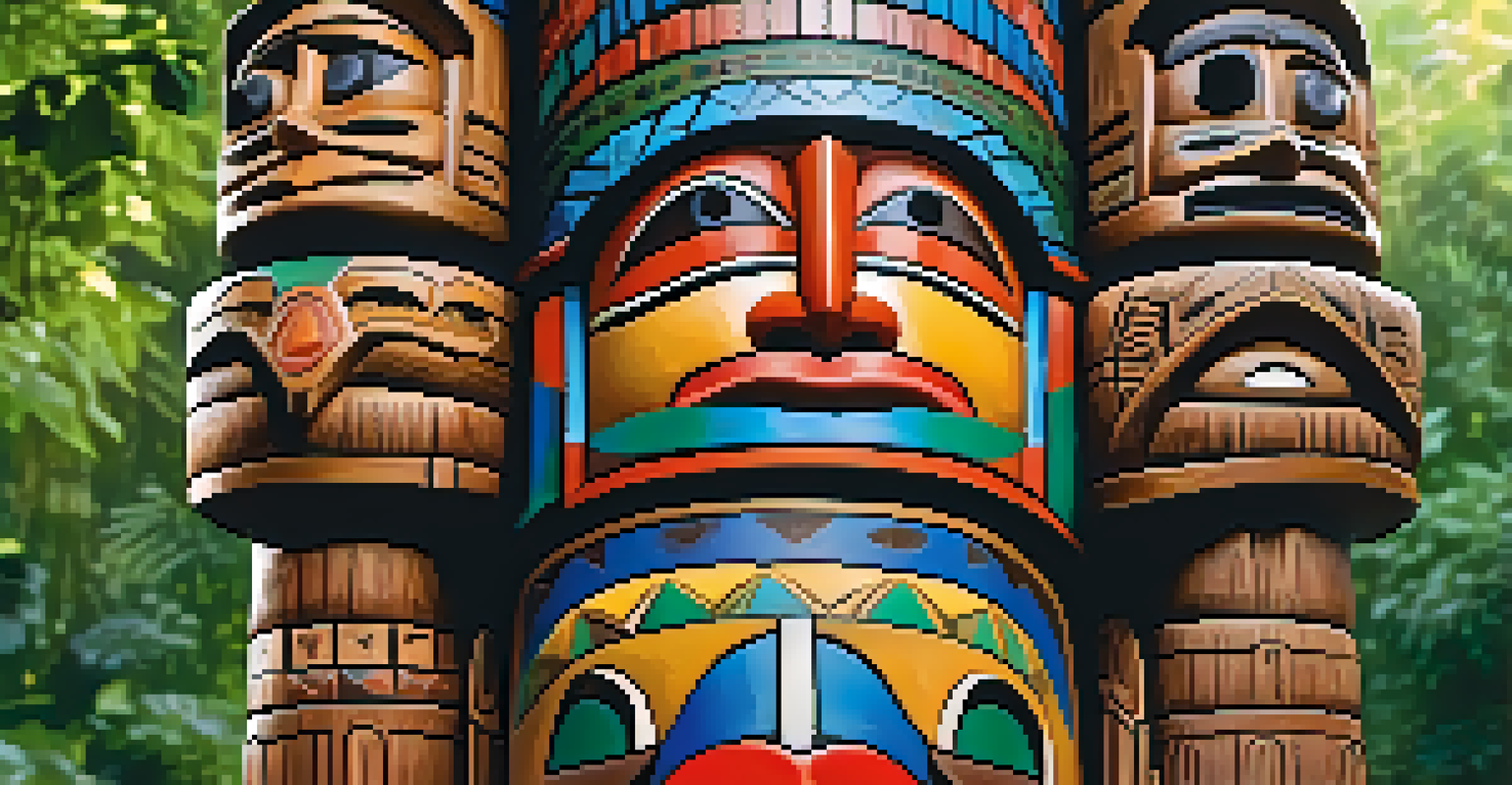 A detailed wooden totem pole with intricate carvings set against a lush green background, showcasing ancestral stories in vibrant colors.