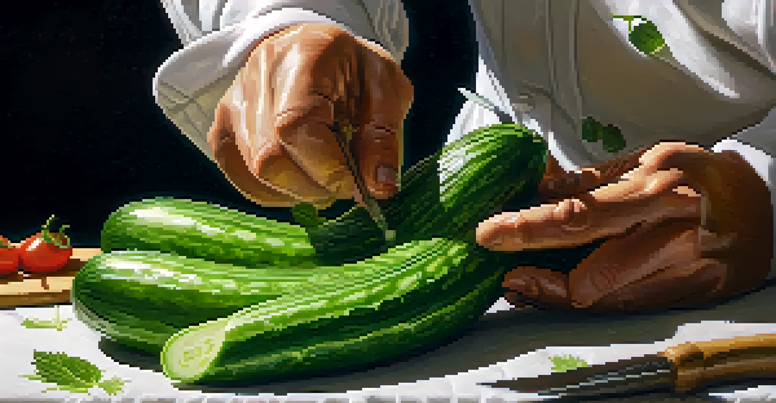 A close-up of a chef's hands carving a cucumber into a spiral, with a blurred background highlighting the cucumber's texture.
