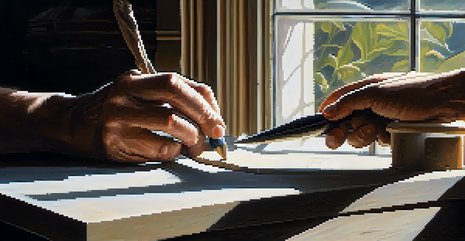 An artist's hands using a chisel on a stone sculpture, with a workshop background and natural light highlighting the carving details.