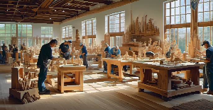 A scene of artisans engaged in wood carving, surrounded by tools and wood shavings, with sunlight illuminating their work.