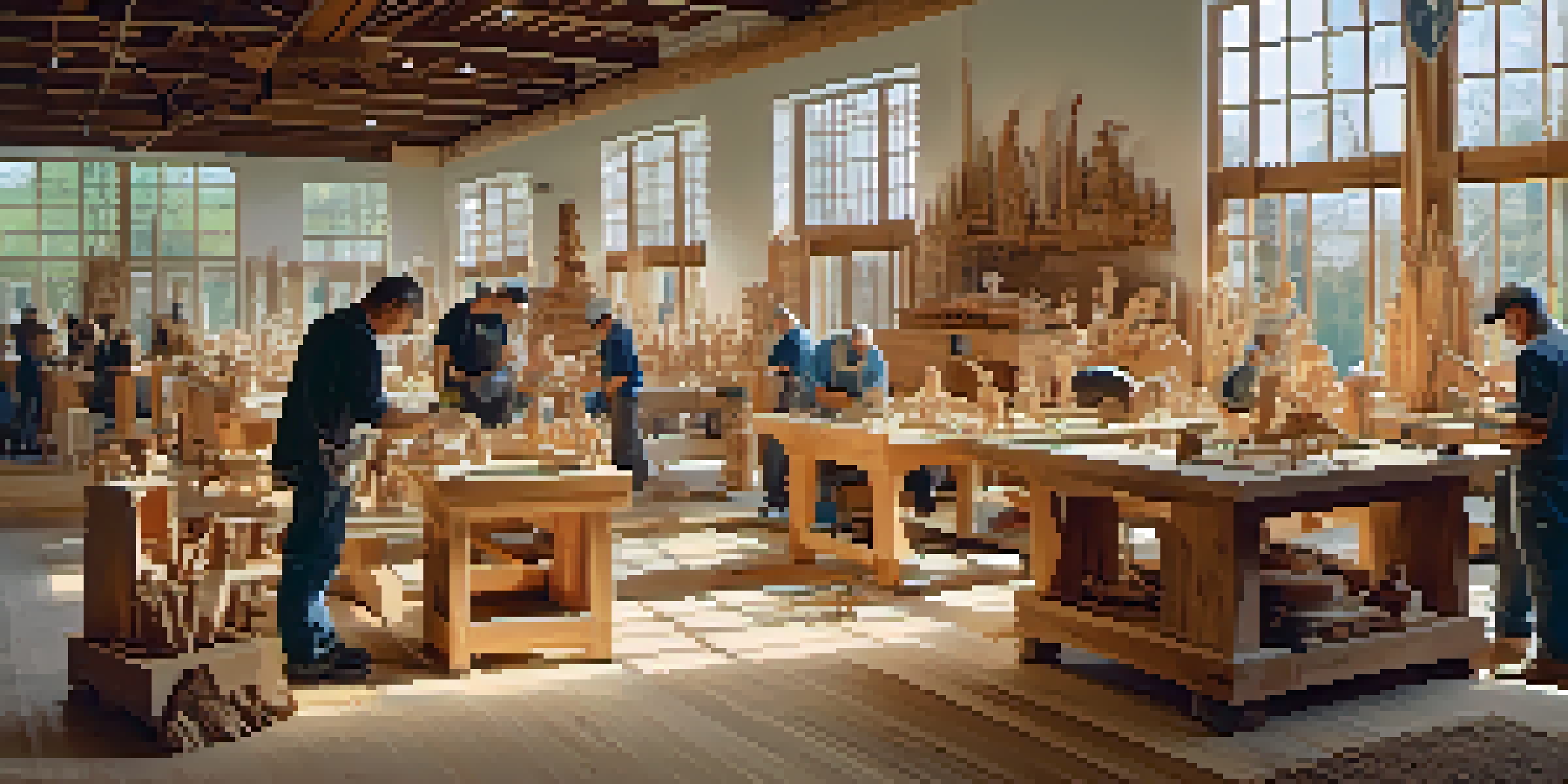 A scene of artisans engaged in wood carving, surrounded by tools and wood shavings, with sunlight illuminating their work.