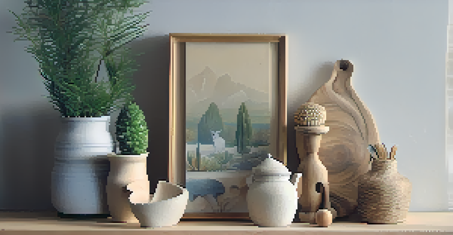 A shelf showcasing different whittled wooden items in a cozy living room environment.