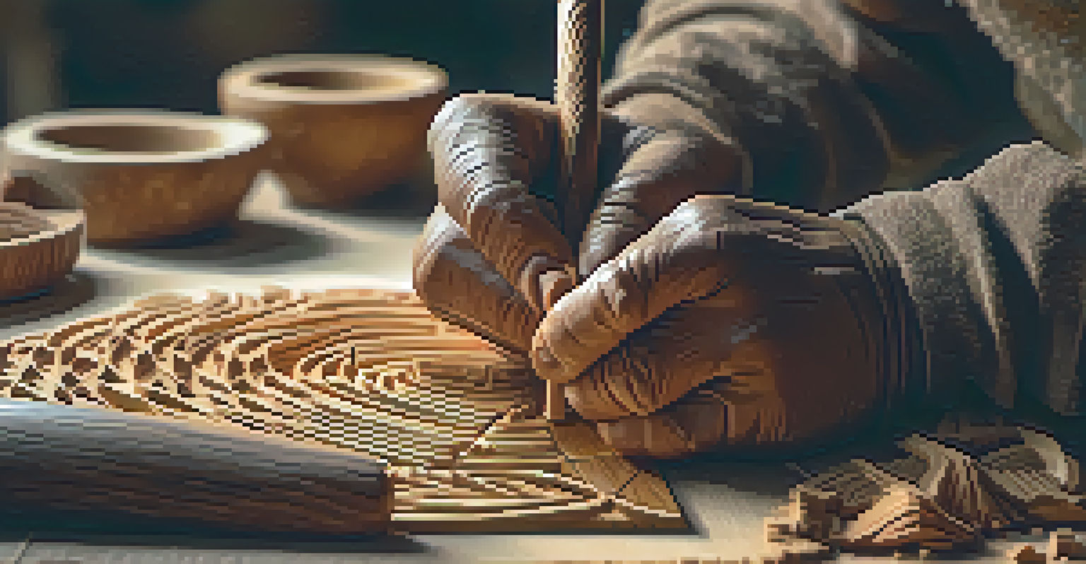 A close-up of an artisan carving a wooden figure, with detailed textures and warm colors.