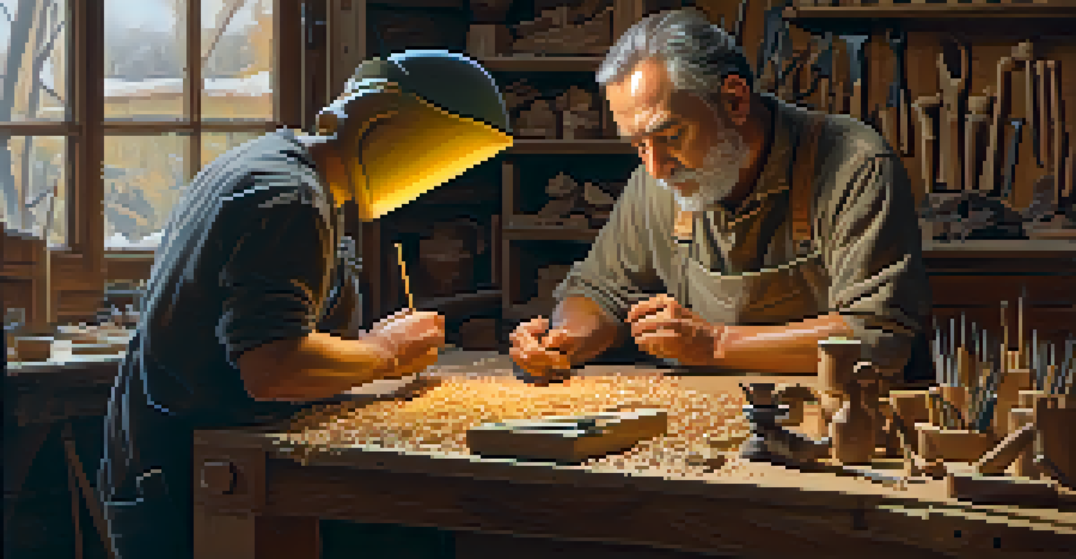 An artist carving a small wooden sculpture at a workbench, surrounded by tools and wood shavings.