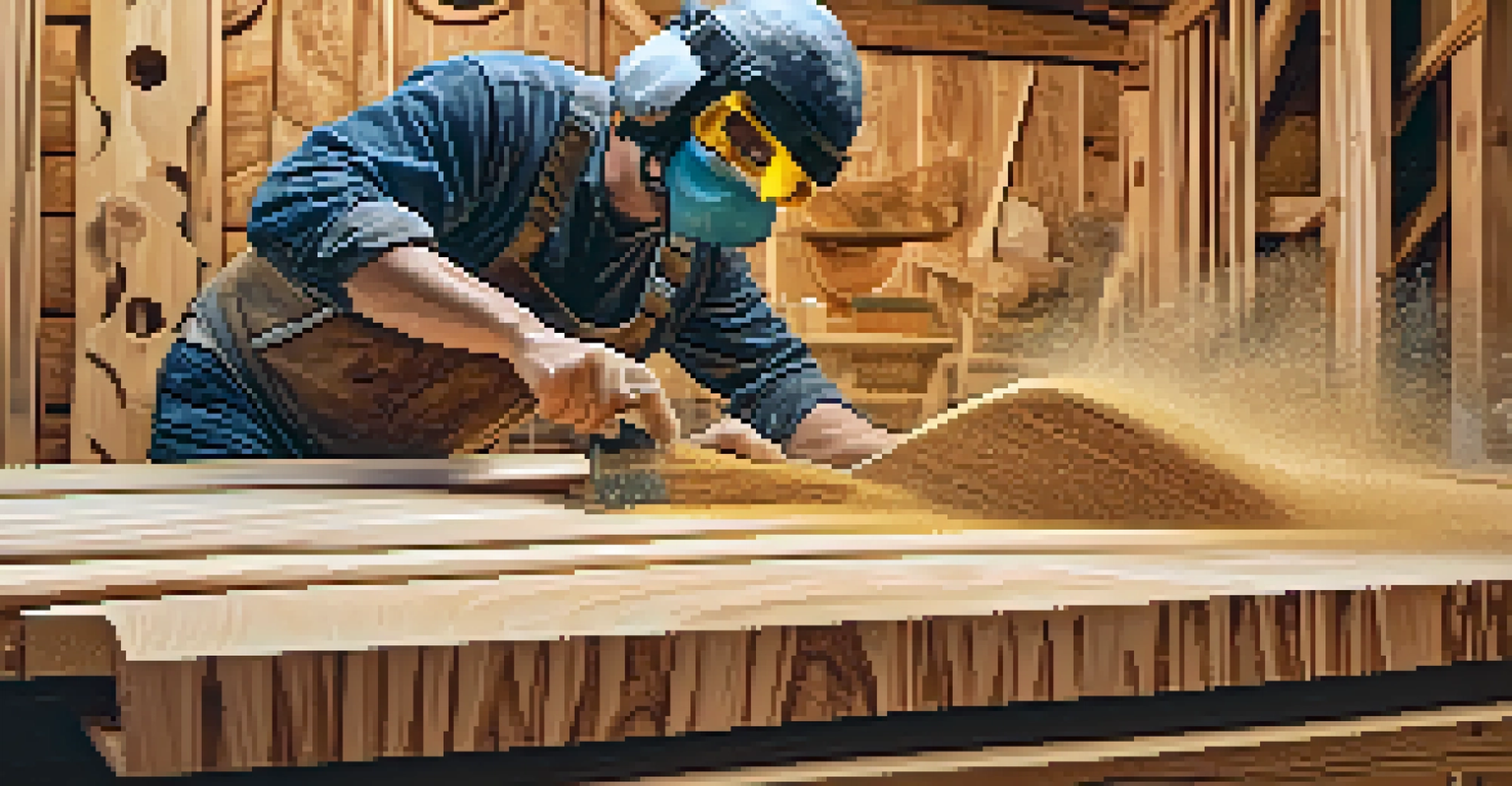 A power carver actively shaping a large piece of cedar wood, wearing protective gear, with wood dust in the air and bright overhead lighting.