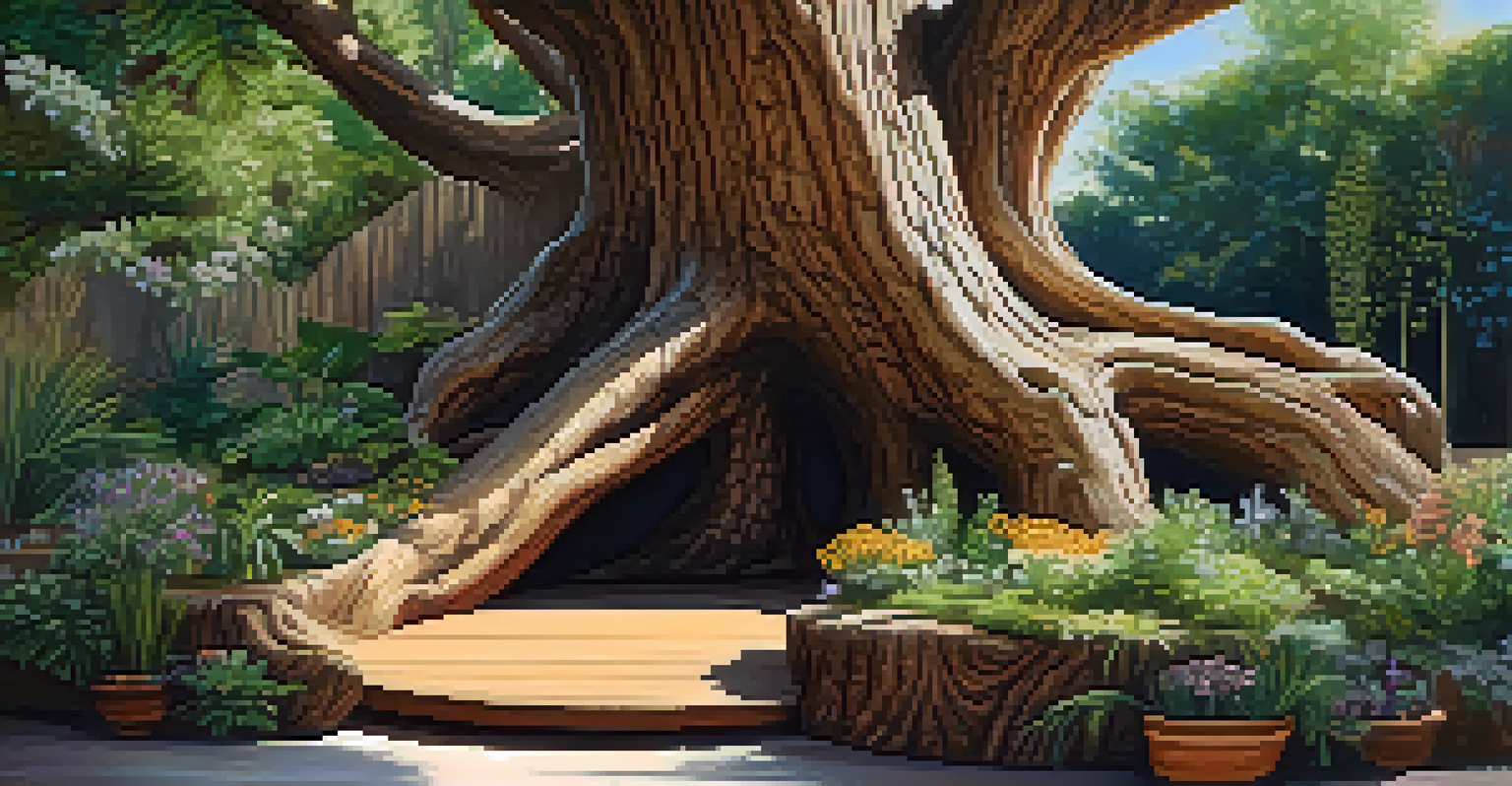 A close-up of a carved tree trunk serving as a seating area, surrounded by lush plants and flowers.