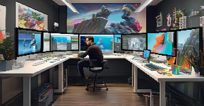 A digital sculptor in a bright and modern studio, engaged in creating a 3D model, with colorful screens around.