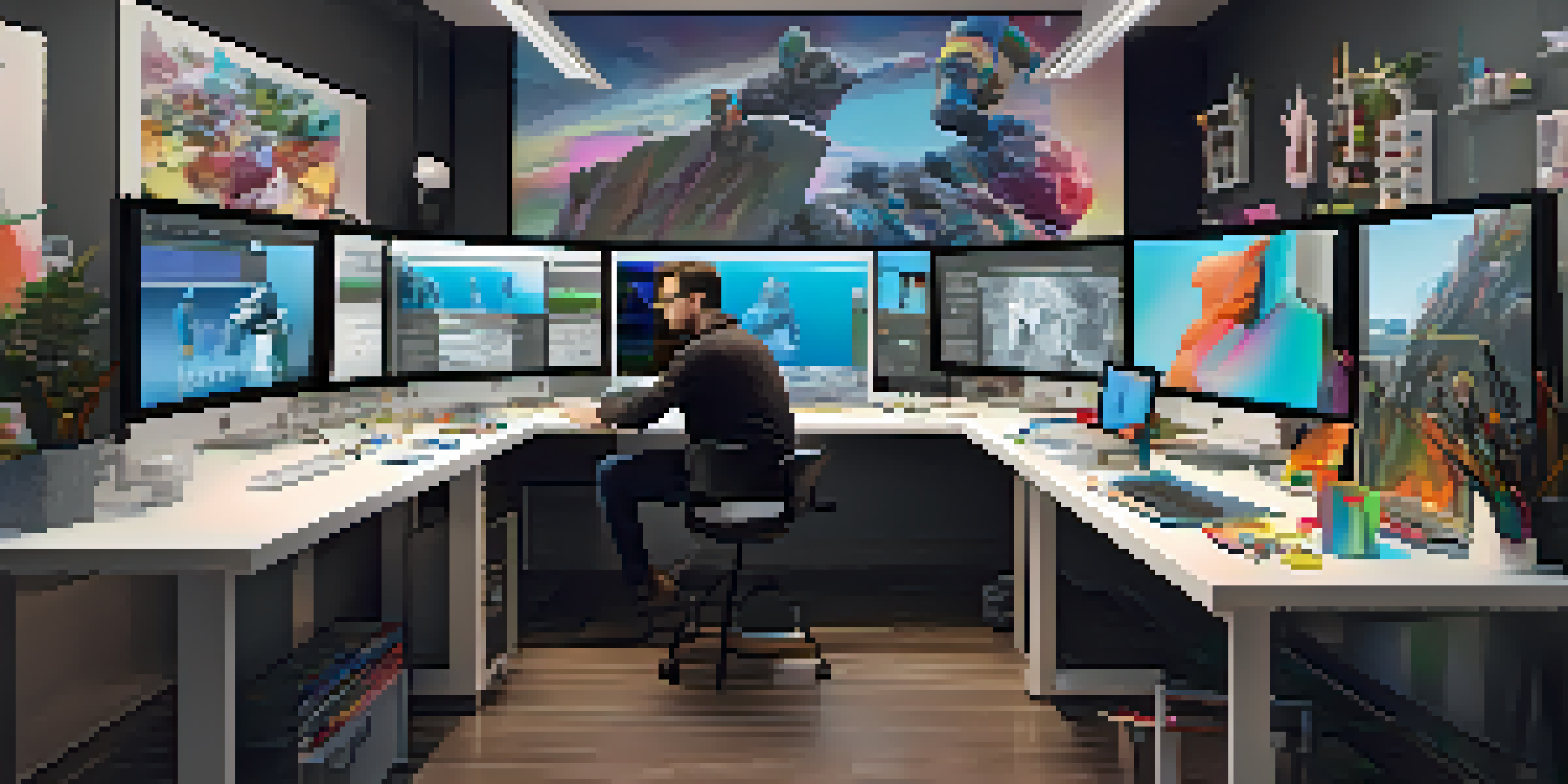 A digital sculptor in a bright and modern studio, engaged in creating a 3D model, with colorful screens around.