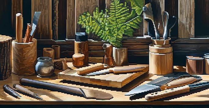 A peaceful forest environment displaying various types of wood, highlighting the textures and grains of sustainably sourced carving materials, with sunlight filtering through the trees.