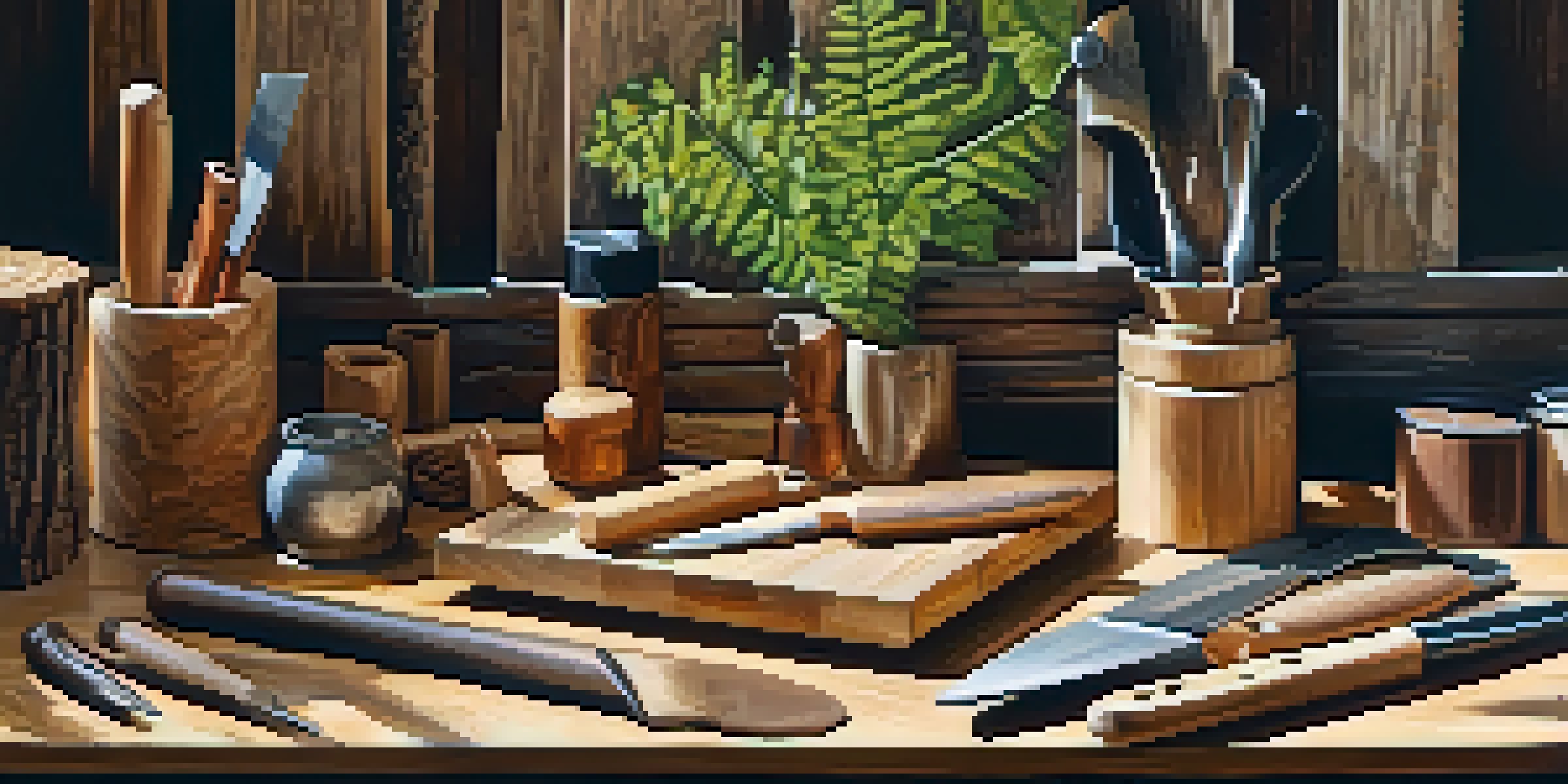 A peaceful forest environment displaying various types of wood, highlighting the textures and grains of sustainably sourced carving materials, with sunlight filtering through the trees.