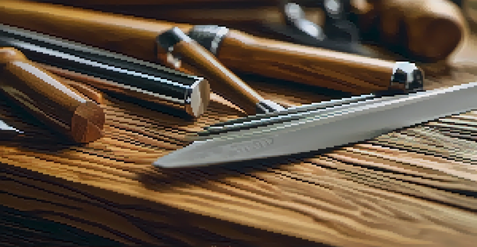 A wooden carving workspace with various chisels and gouges arranged on a table, illuminated by soft light.