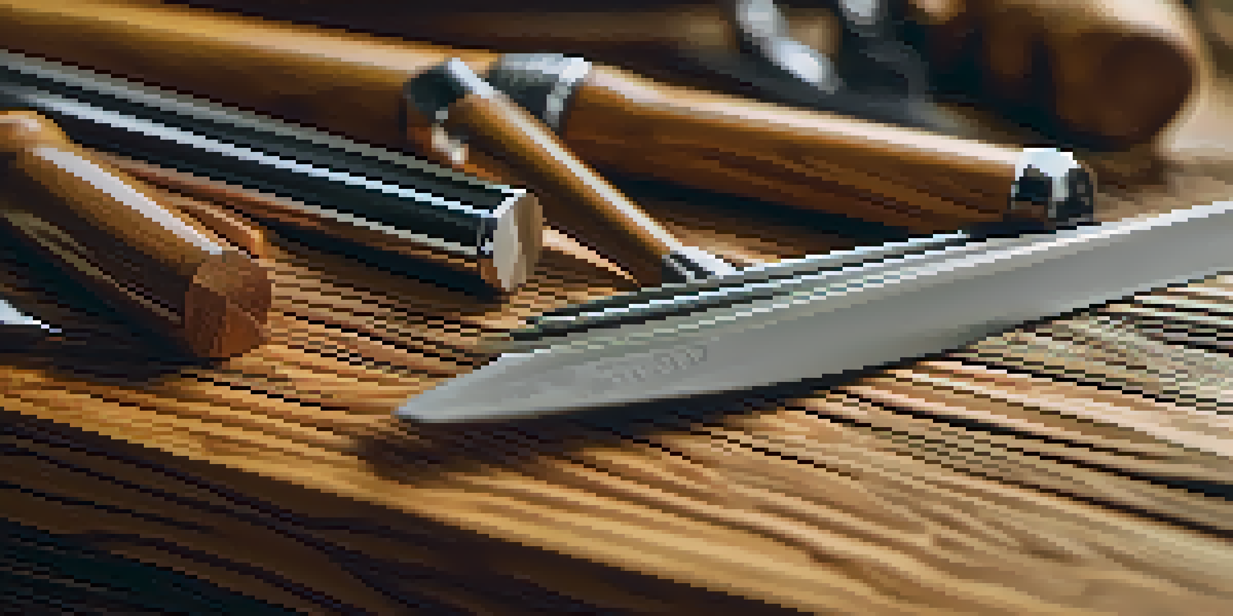 A wooden carving workspace with various chisels and gouges arranged on a table, illuminated by soft light.