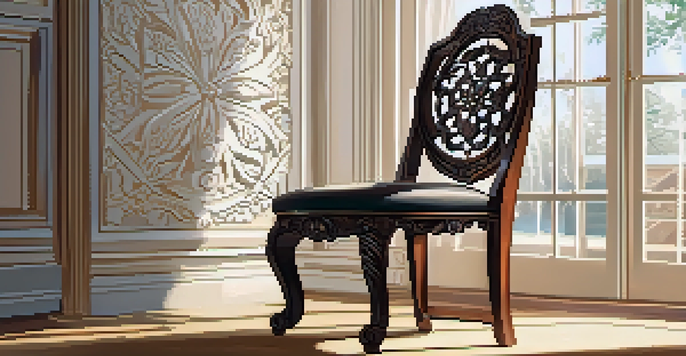 A detailed wooden chair with floral carvings, illuminated by sunlight in a cozy room.
