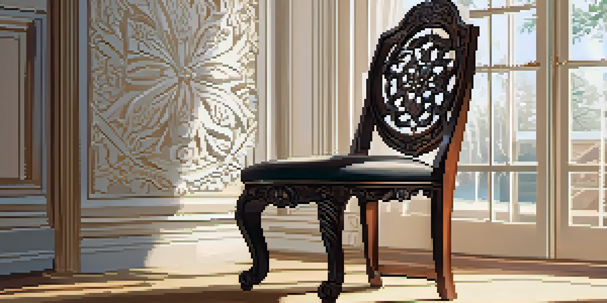A detailed wooden chair with floral carvings, illuminated by sunlight in a cozy room.