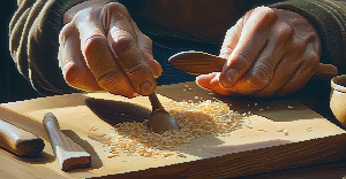 A close-up of hands carving a wooden spoon, with wood shavings on a wooden table and soft natural light.