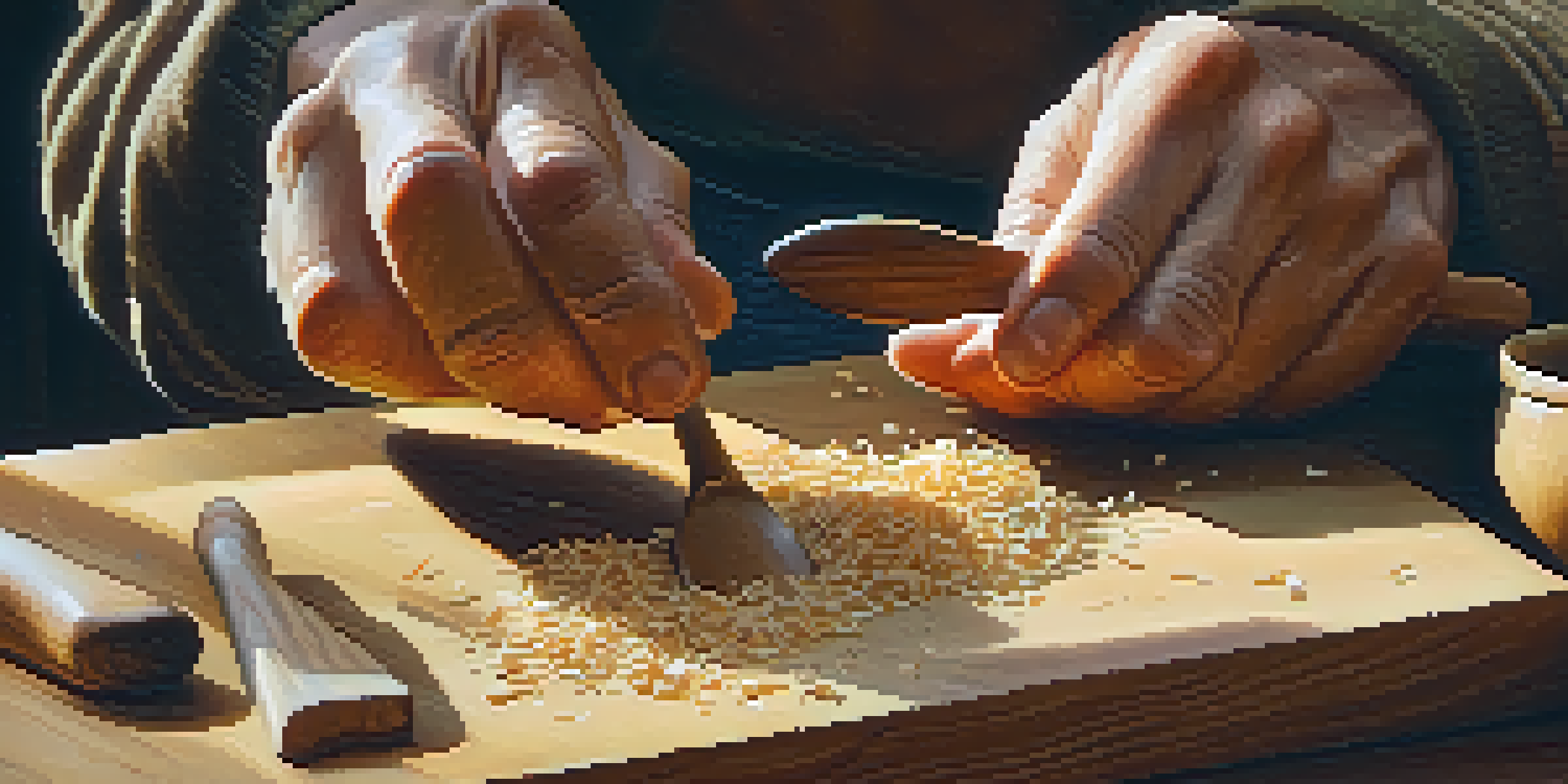 A close-up of hands carving a wooden spoon, with wood shavings on a wooden table and soft natural light.
