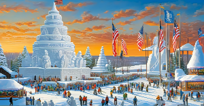 A winter festival with massive snow sculptures and visitors enjoying the art.