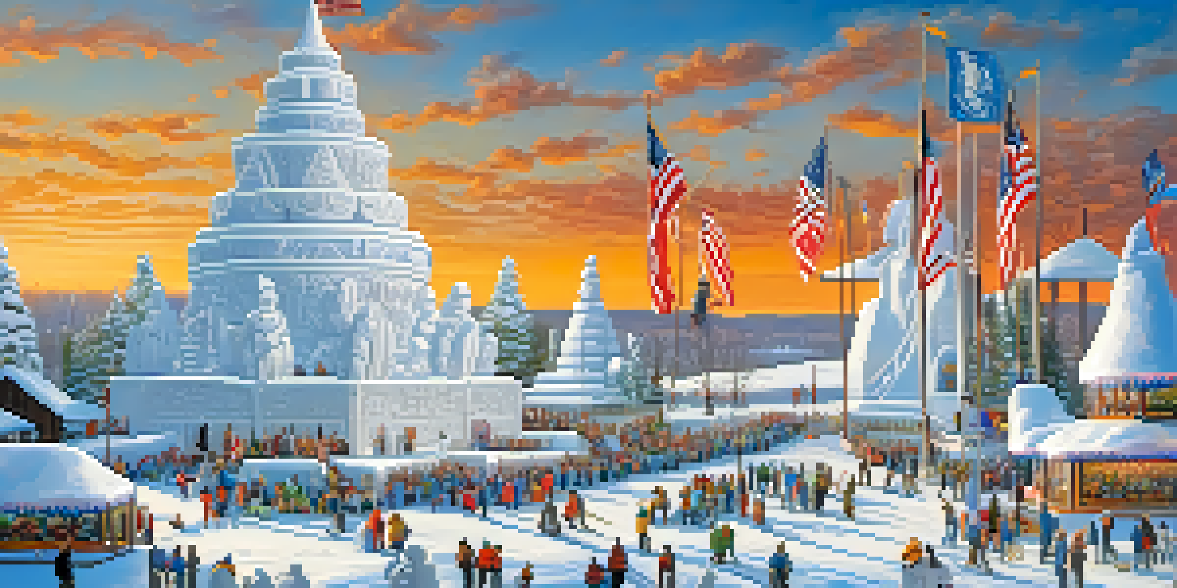 A winter festival with massive snow sculptures and visitors enjoying the art.